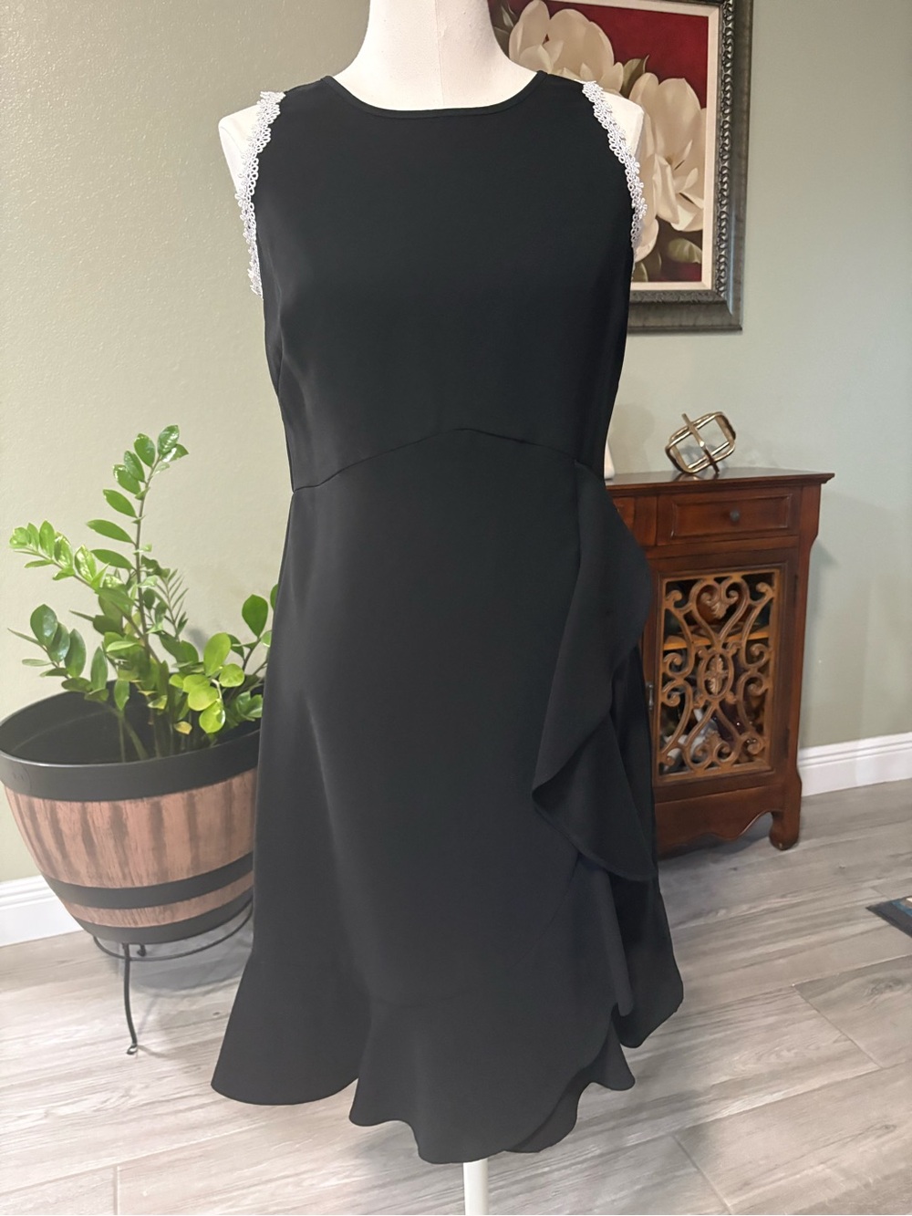 Nanette Lepore Black Sleeveless Ruffle Dress with Lace Trim - Picture 2 of 7